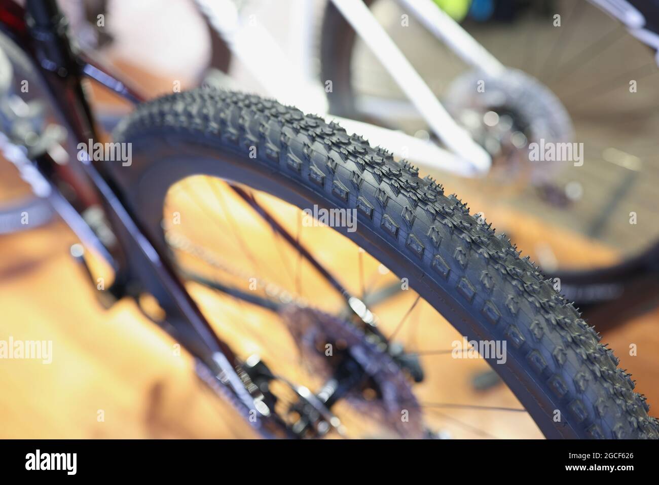 Reliable tire with quality tread on bicycle wheel closeup Stock Photo