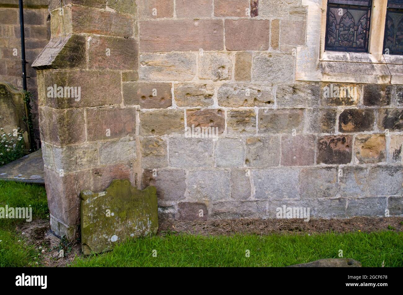 All Saints' Church wall with Civil War bullet marks, Ripley on 8th July 2008 Stock Photo