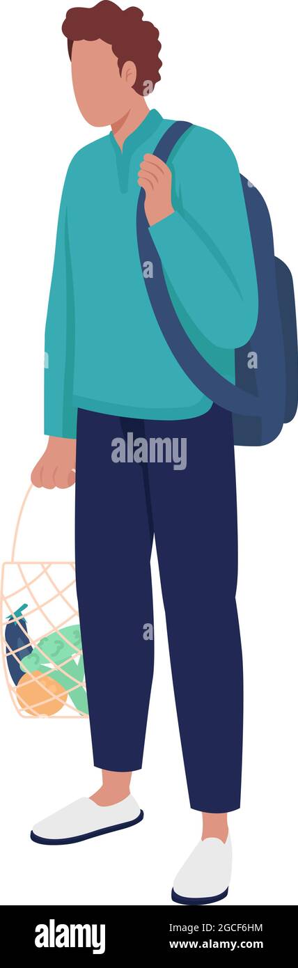 Young man with reusable string bag semi flat color vector character Stock Vector