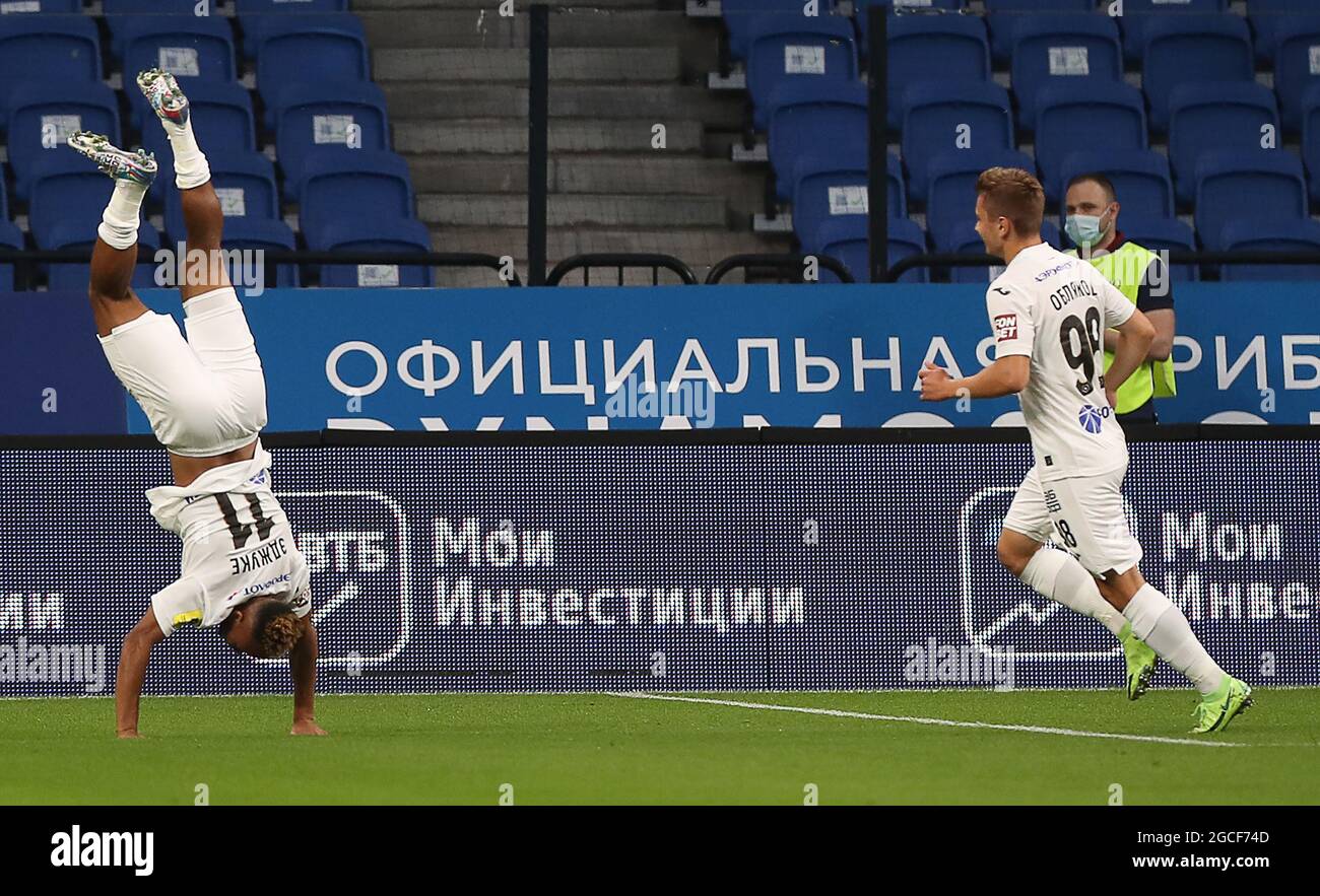 Moscow Russia 8th Aug 21 Cska S Chidera Ejuke L The Goal Scorer And Ivan Oblyakov Celebrate A Goal In The 21 22 Russian Football Premier League Round 3 Football Match Between Dynamo Moscow