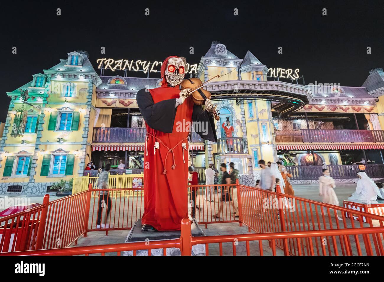 26 February 2021, UAE, Dubai: House of fear in the style of Dracula's Castle in Transylvania at the amusement park in Global Village Dubai Stock Photo