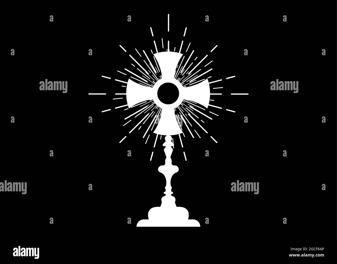 Monstrance. Ostensorium used in Roman Catholic, Old Catholic and Anglican ceremony traditions. Benediction of the Blessed Sacrament is used to display Stock Vector