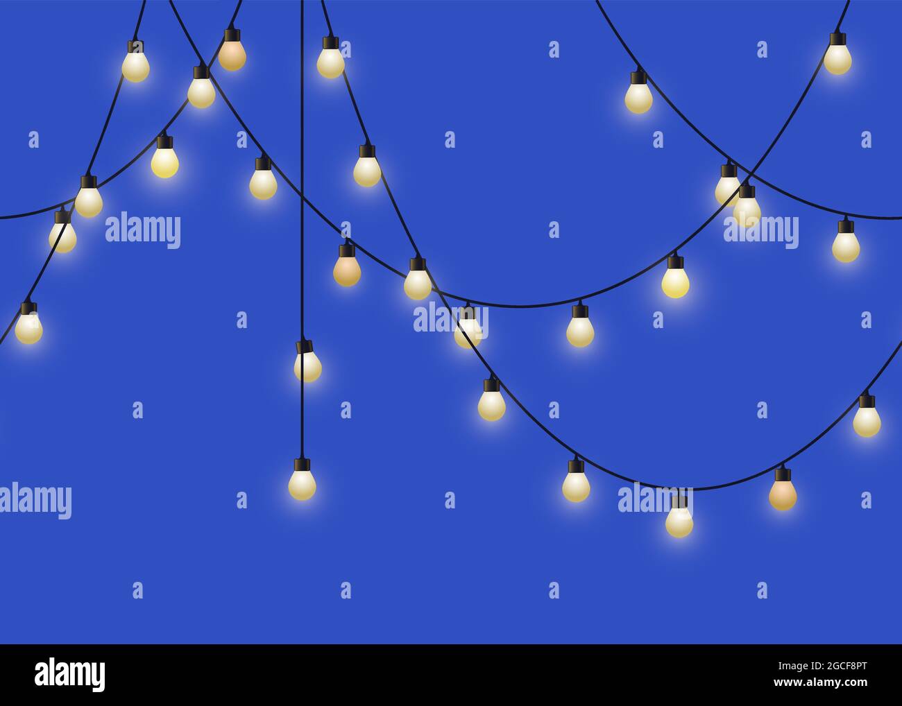 Glowing light bulb garland. Repeated decorative lamp garland. Wall