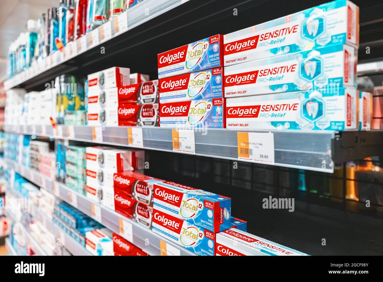 26 February 2021, UAE, Dubai Colgate toothpaste is sold on supermarket