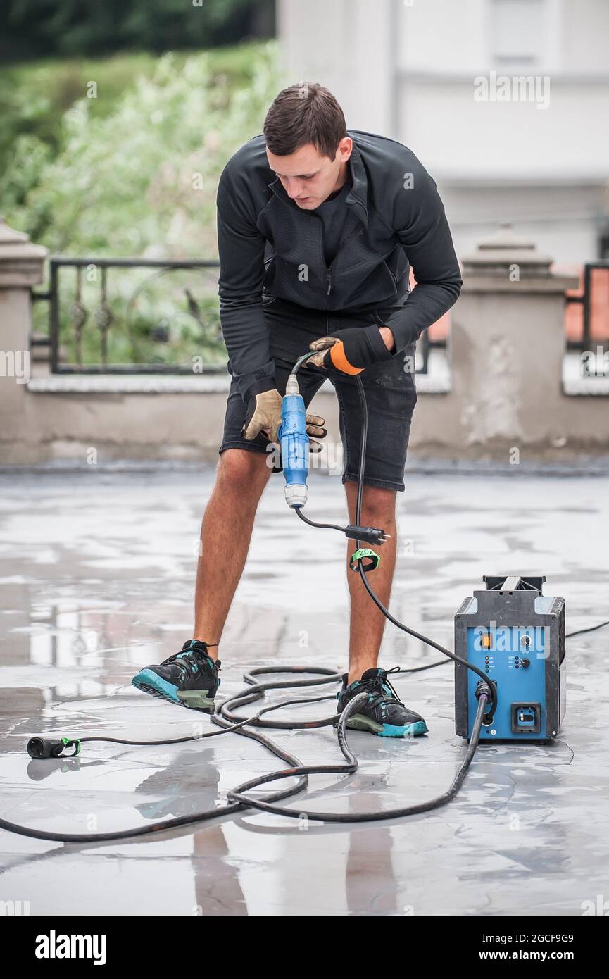 Behind the scene. Filmmaking lighting technician electric engineer