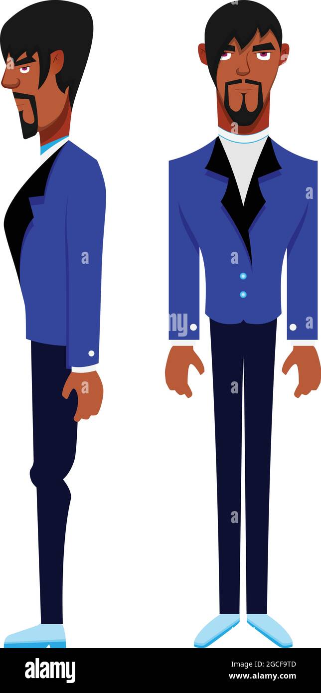 Young attractive male character elegantly dressed in blue suit vector illustration. A full length illustration of a young male character. Stock Vector