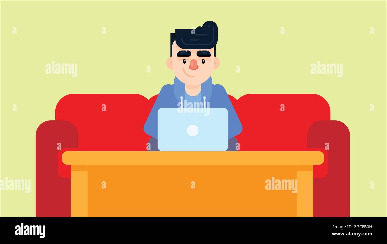 Young man sitting on sofa in room, working using laptop. Freelance, online education or social media concept. Lifestyle scenes vector illustration. Stock Vector