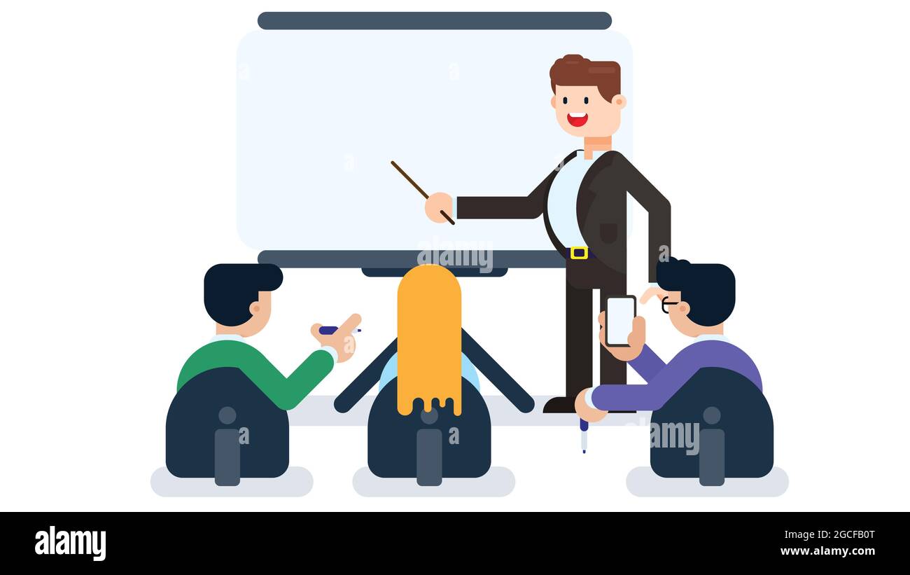 Young Businessman Giving Presentation to Colleagues in a meeting room. Man giving speech or presentation on a whiteboard. Stock Vector