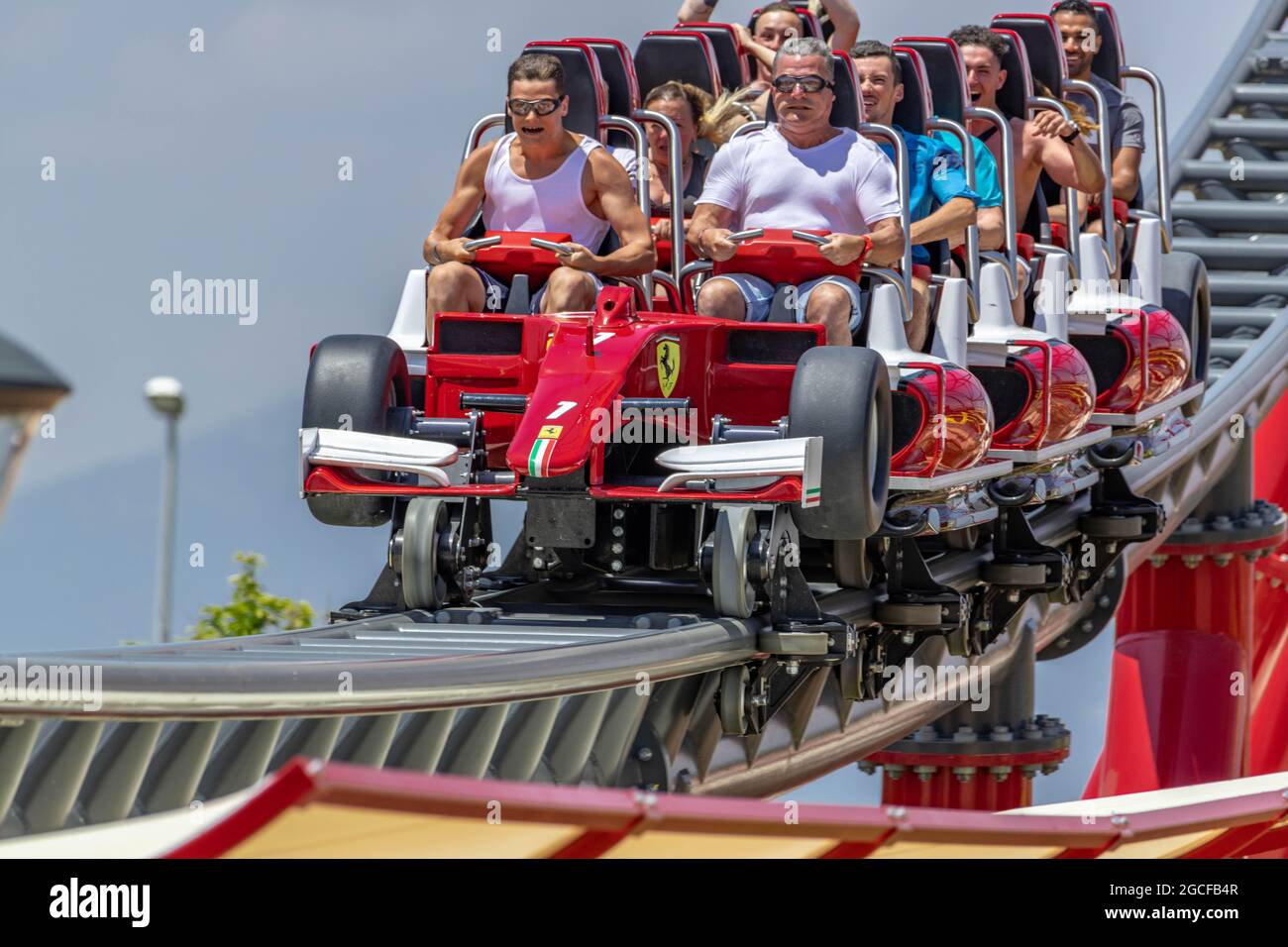 Red Force 112 Mph 367 Foot Ferrari Themed Rollercoaster Ferrari Land Themed Theme Park the fastest coaster in Europe PortAventura  World Stock Photo