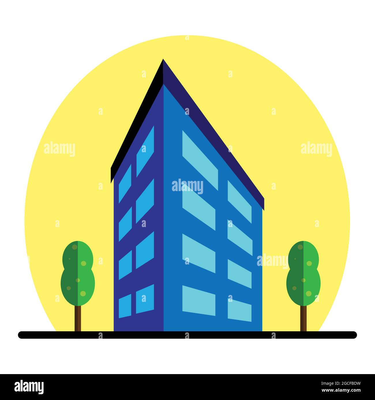 City multi storey building exterior view with windows and outside trees in flat style. Modern high-rise apartment or office building. Stock Vector