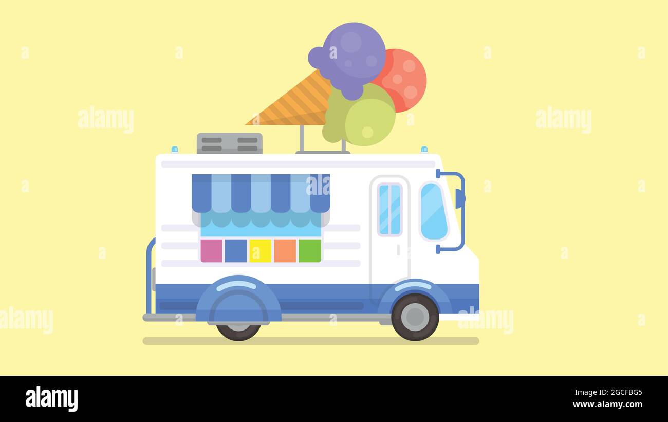 Colorful Flat style Ice Cream Truck. mobile shop, Ice cream van. Ice cream street food caravan trailer, Vector illustration. Stock Vector
