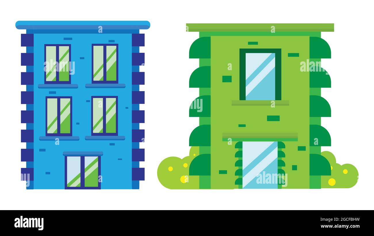 Set of two Residential houses of the city. Home facade with doors, windows and bushes. Vector illustration. Flat style houses. Stock Vector