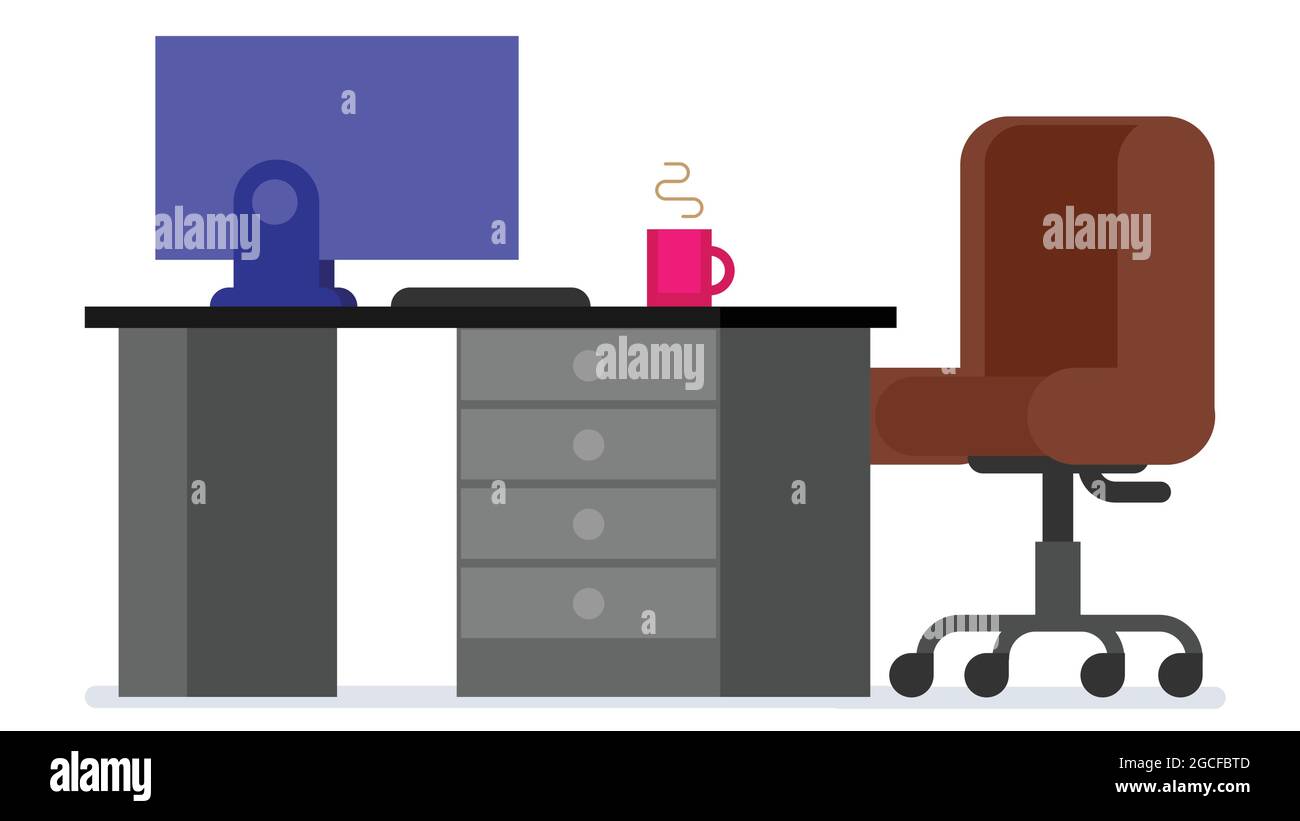 Home or office desk with pedestal drawer, castors chair, computer and coffee cup. Flat style work table vector illustration. Stock Vector