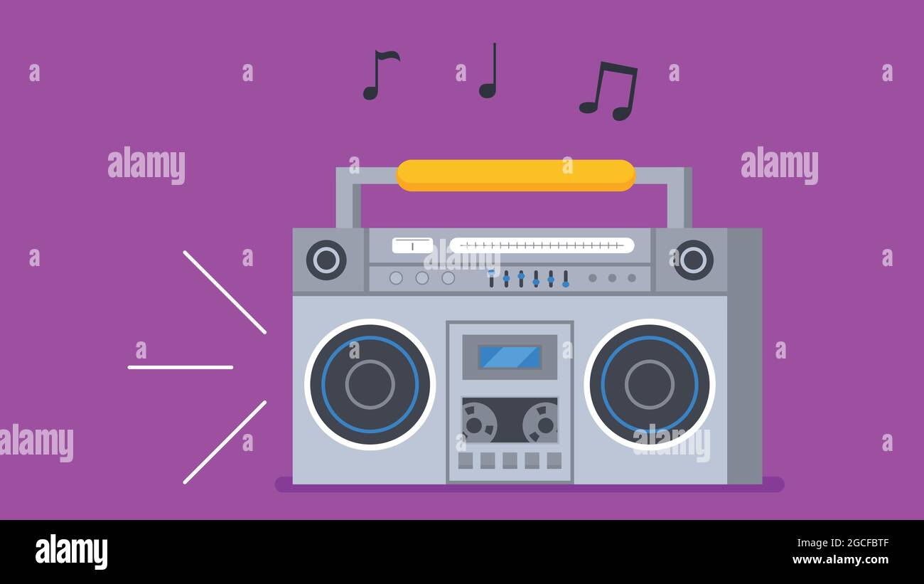 Old fashioned music player, ghetto blaster boombox radio. Flat style cassette player and tape recorder vector illustration. Stock Vector