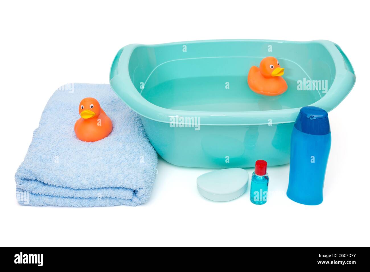 Blue basin and everything for bathing the baby, isolated on a white background Stock Photo