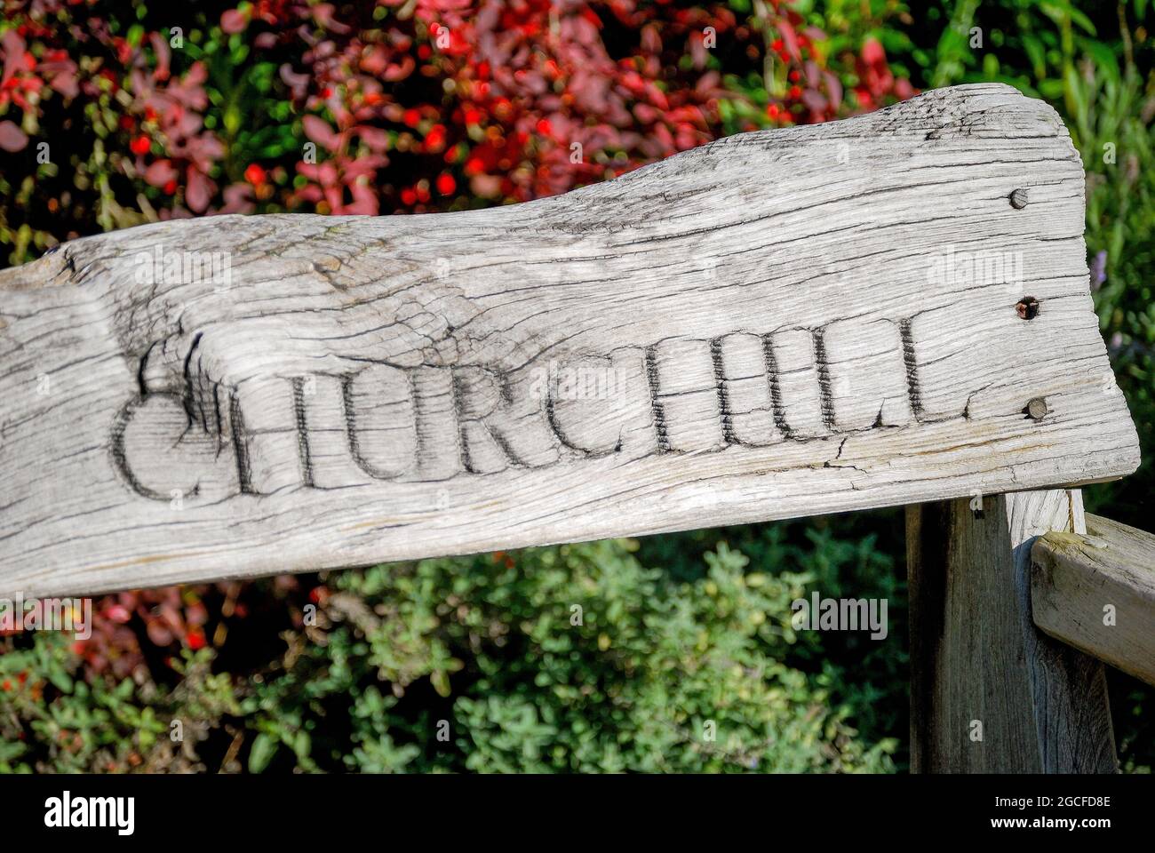 Churchill’s name on garden bench, Chartwell house, Westerham, Kent, England, United Kingdom Stock Photo