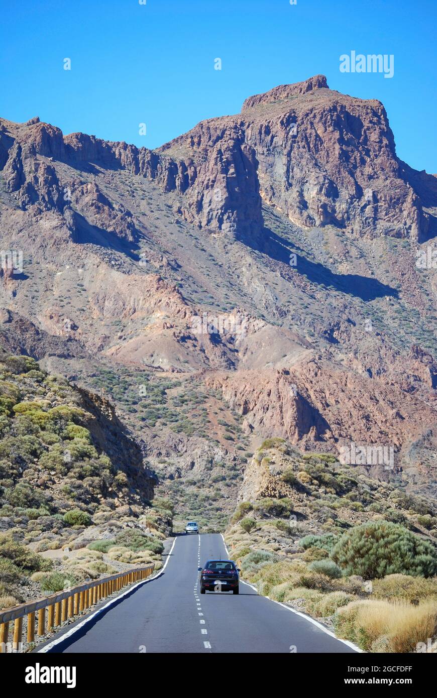Road through lava fields, Parque Nacional Del Teide, Tenerife, Canary Islands, Spain Stock Photo