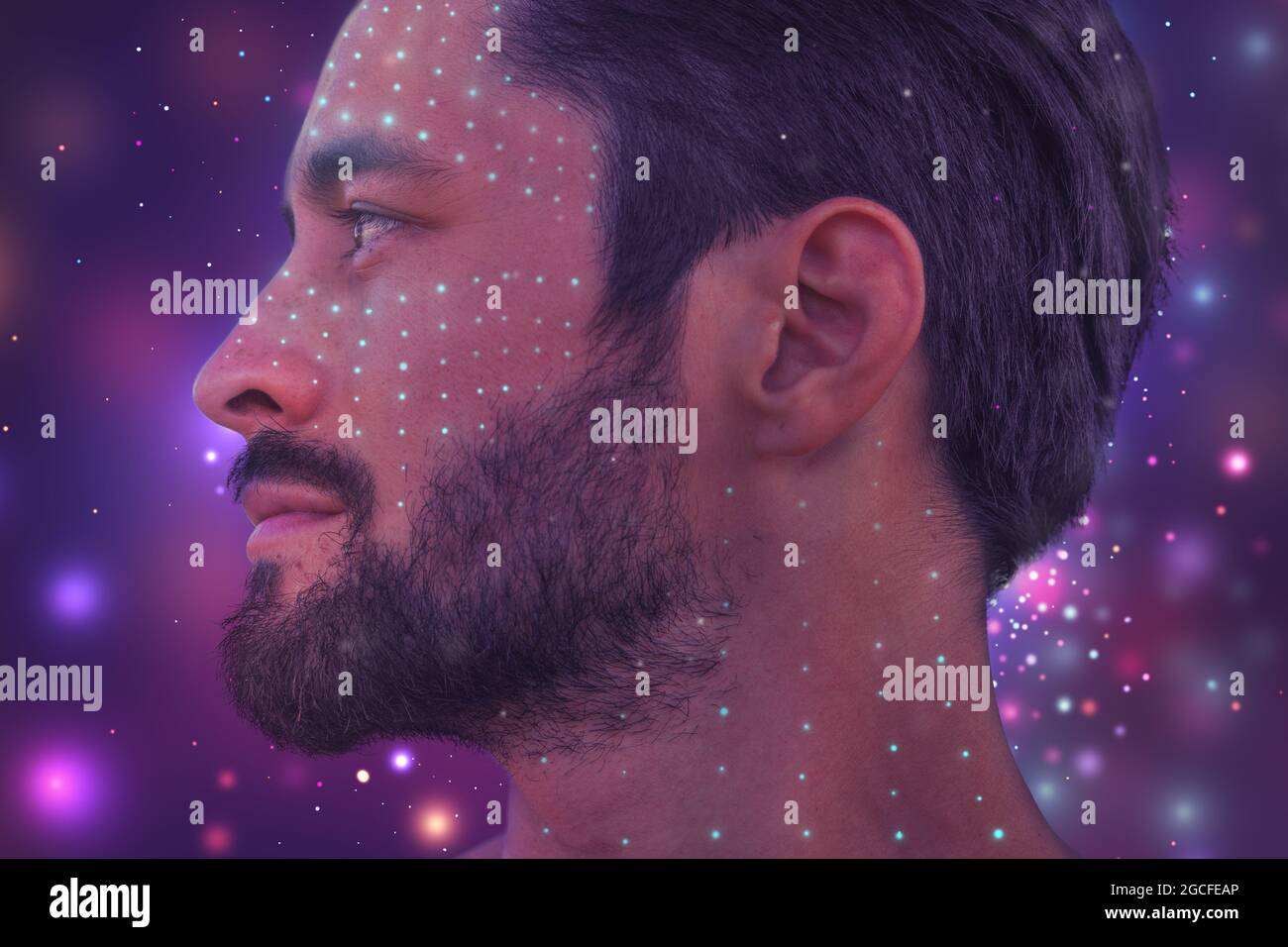 A digitally manipulated artistic portrait of a man's profile on a colorful background Stock Photo