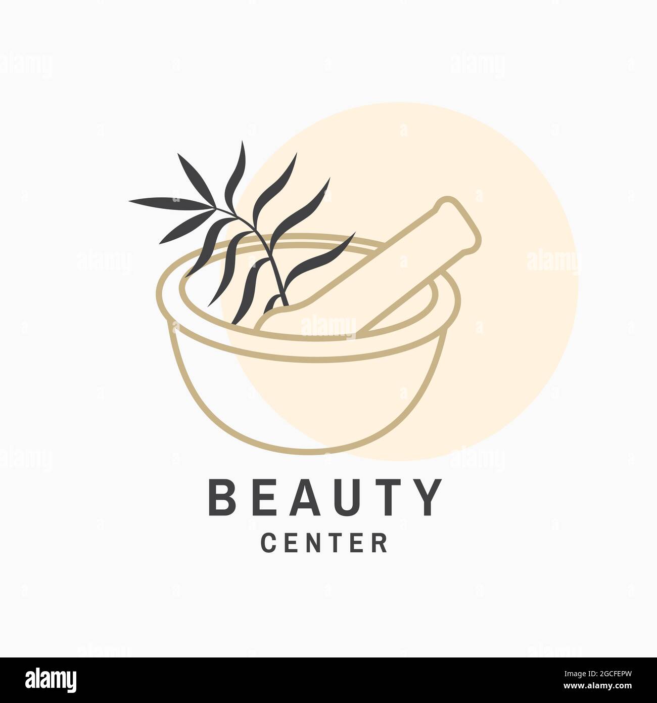 Beauty center with flowers, mortar and pestle for logo, label, badge, sign, emblem. For cosmetics, jewellery, beauty and handmade products, tattoo Stock Vector