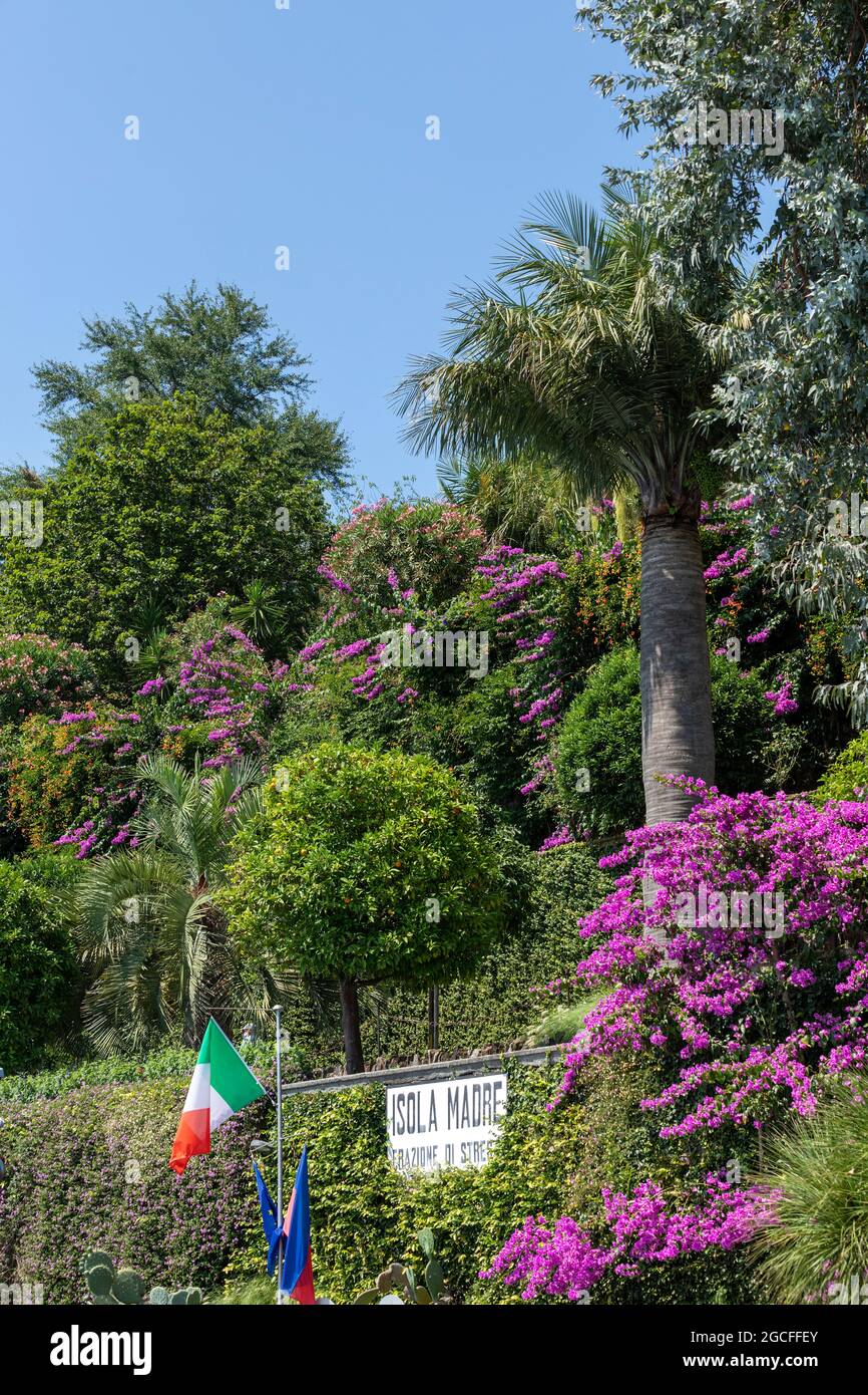 trees and flowers at the landing stage, Isola Madre, Stresa, Lake Maggiore, Piedmont, Italy Stock Photo
