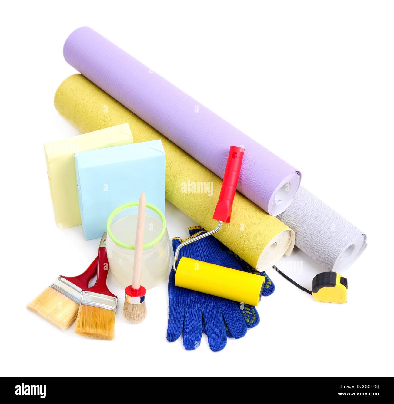 Wallpaper and accessories for glue wallpaper, isolated on white Stock