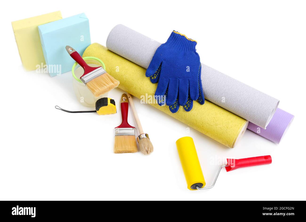 Wallpaper and accessories for glue wallpaper, isolated on white Stock