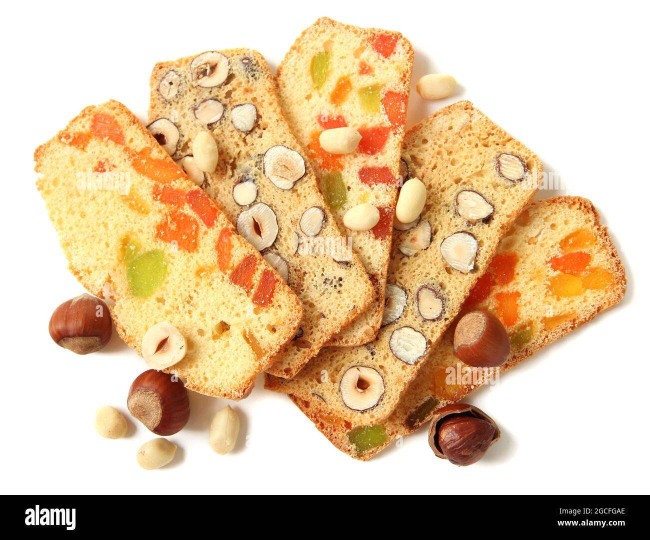 Biscotti with nuts and candied fruits, isolated on white Stock Photo