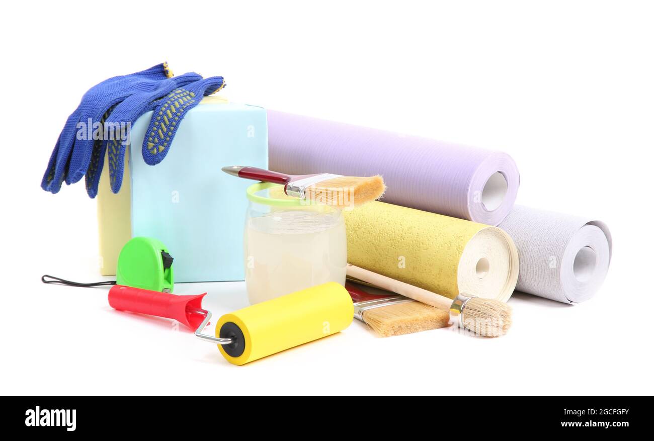 Wallpaper and accessories for glue wallpaper, isolated on white Stock