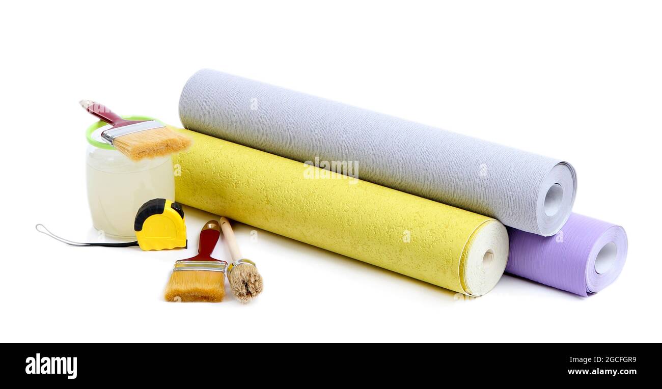 Wallpaper and accessories for glue wallpaper, isolated on white Stock