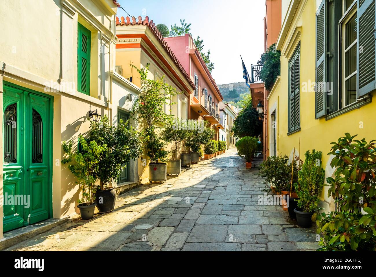 Buildings in the district of Plaka in Athens by the Acropolis Stock Photo