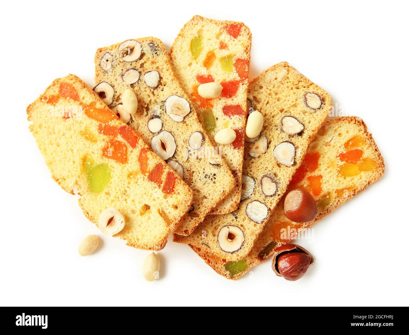 Biscotti with nuts and candied fruits, isolated on white Stock Photo