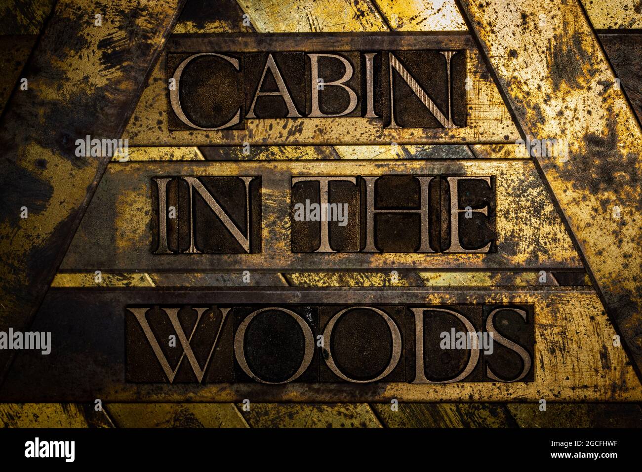 Cabin In The Woods text on vintage textured grunge silver and gold