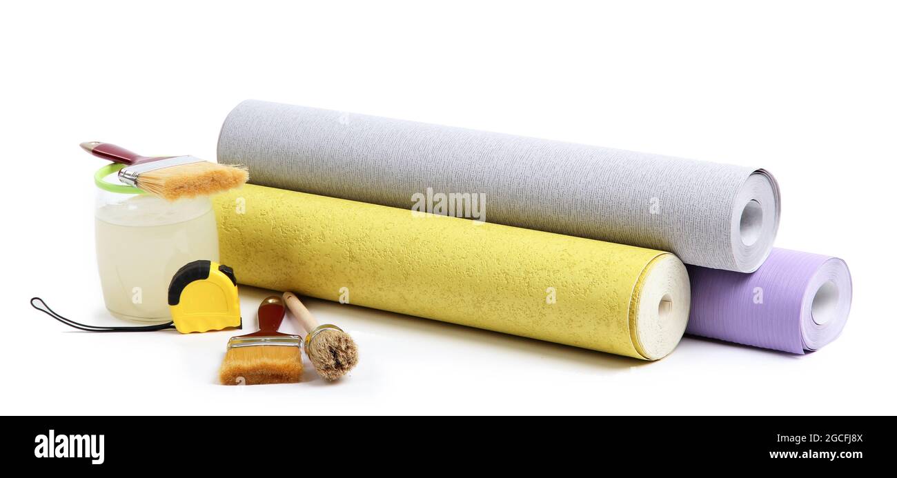 Wallpaper and accessories for glue wallpaper, isolated on white Stock