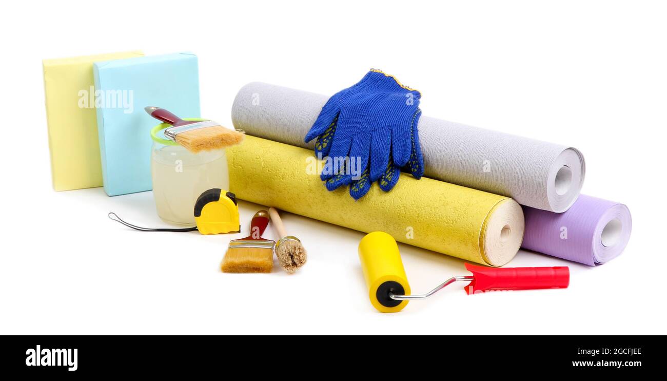 Wallpaper and accessories for glue wallpaper, isolated on white Stock