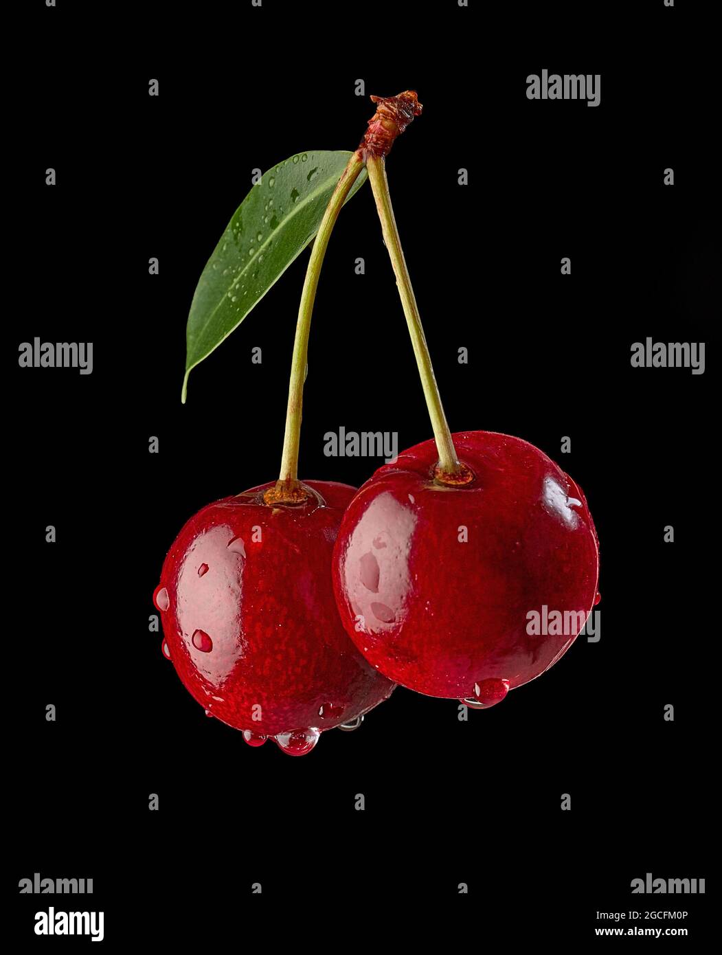 fresh red cherries with water drops isolated on black background Stock Photo