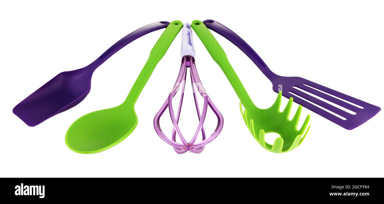 Plastic kitchen utensils isolated on white Stock Photo Alamy