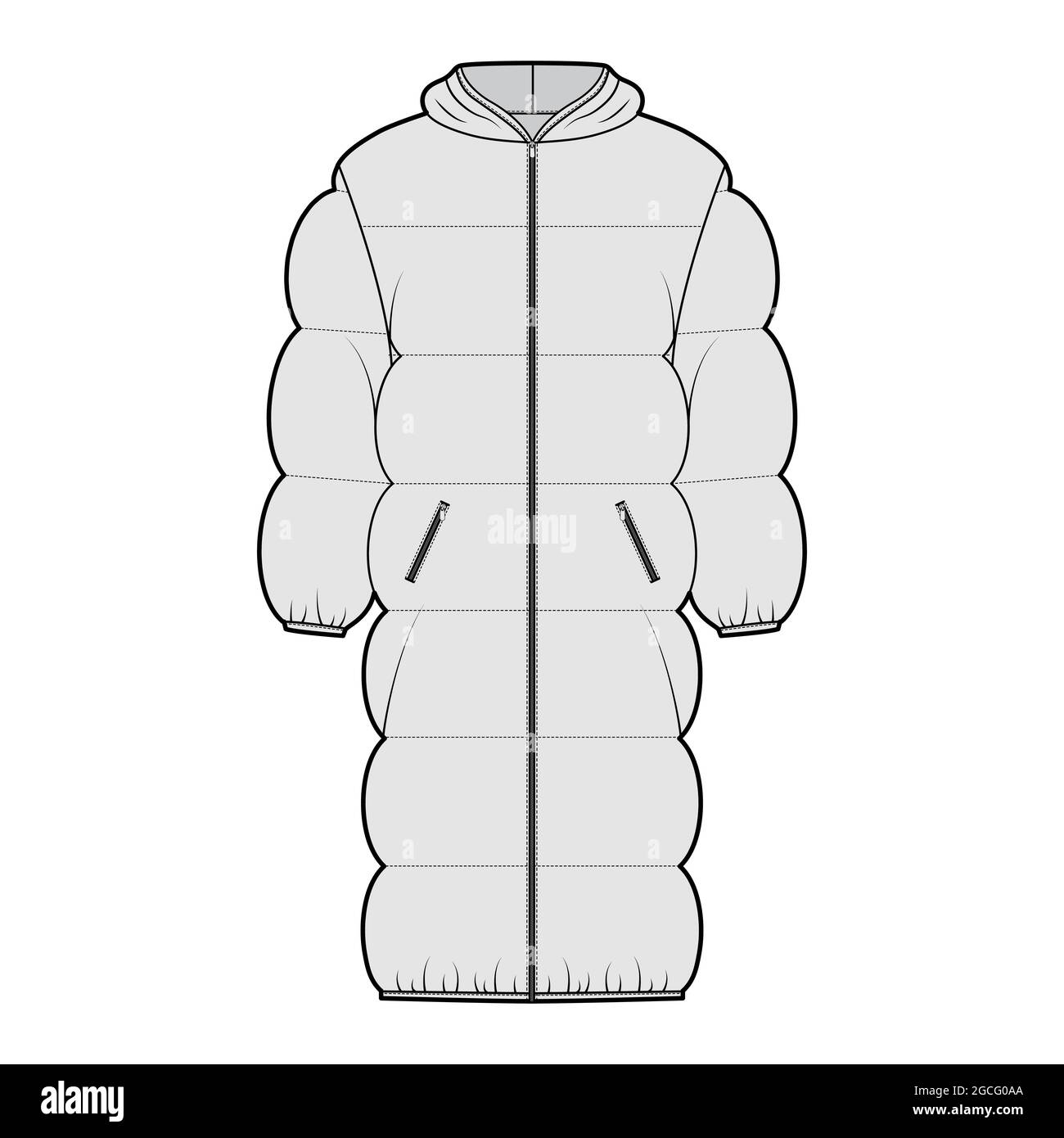 Down puffer coat jacket technical fashion illustration with long