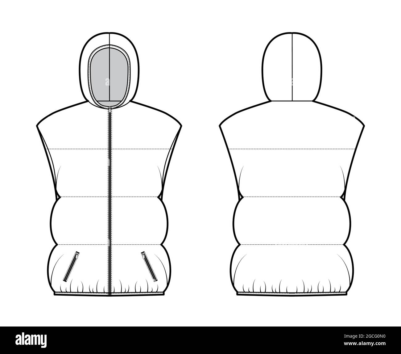 Down vest puffer waistcoat technical fashion illustration with hoody ...