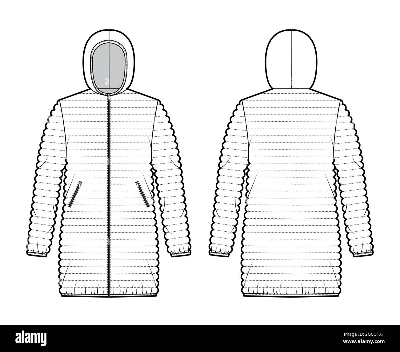 Down puffer coat jacket technical fashion illustration with long sleeves, hoody collar, pockets, oversized, hip length. Flat template front, back, white color style. Women, men, unisex top CAD mockup Stock Vector