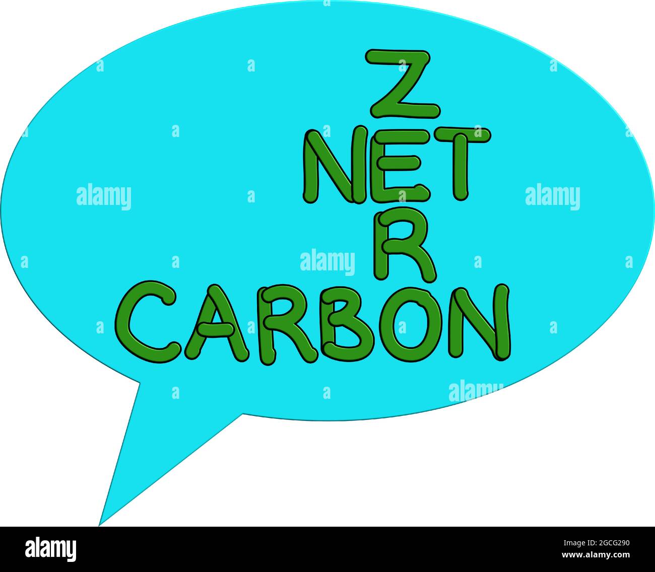 Net Zero Carbon green words in crossword form in a blue speech bubble Net Zero Carbon green words in crossword form in a blue speech bubble