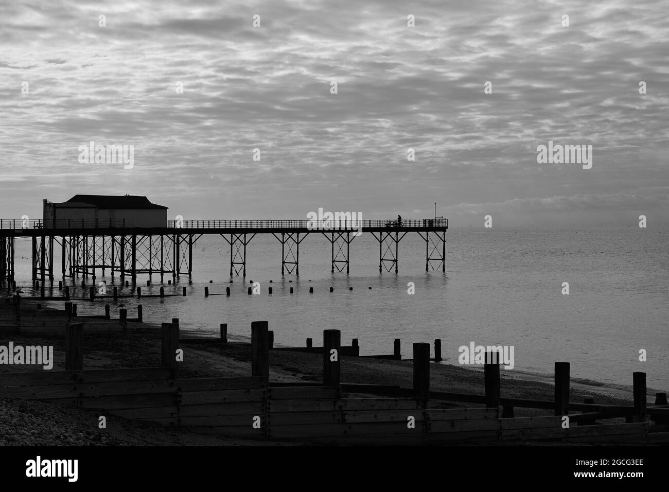 Black and white image of the pier of Bognor Regis in summer 2021 Stock