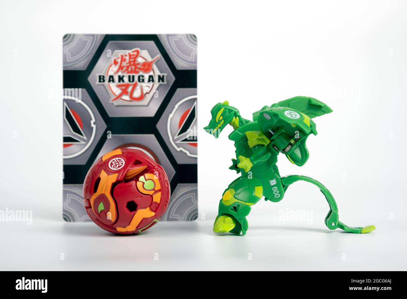 Bakugan Ball toy mini figures with magnetic card and chips. Starter kit. New popular transformer toys. Stafford, United Kingdom, August 8, 2021 Stock Photo