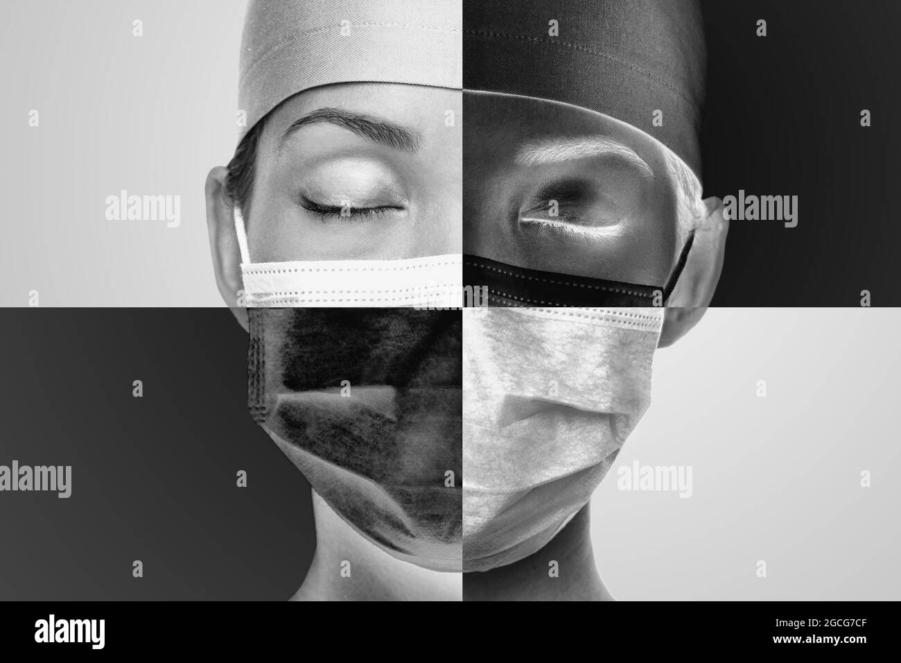 Coronavirus face mask Asian medical doctor tired depressed. Divide polarity of each side. Vaccination, healthcare, pandemic problems Stock Photo