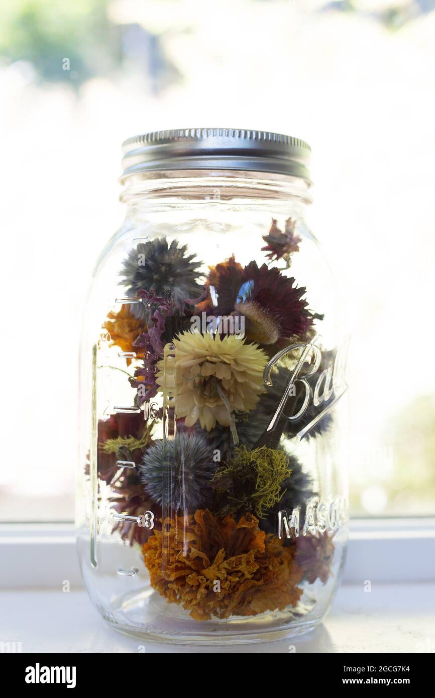 A mason jar filled with colorful dried flowers Stock Photo Alamy