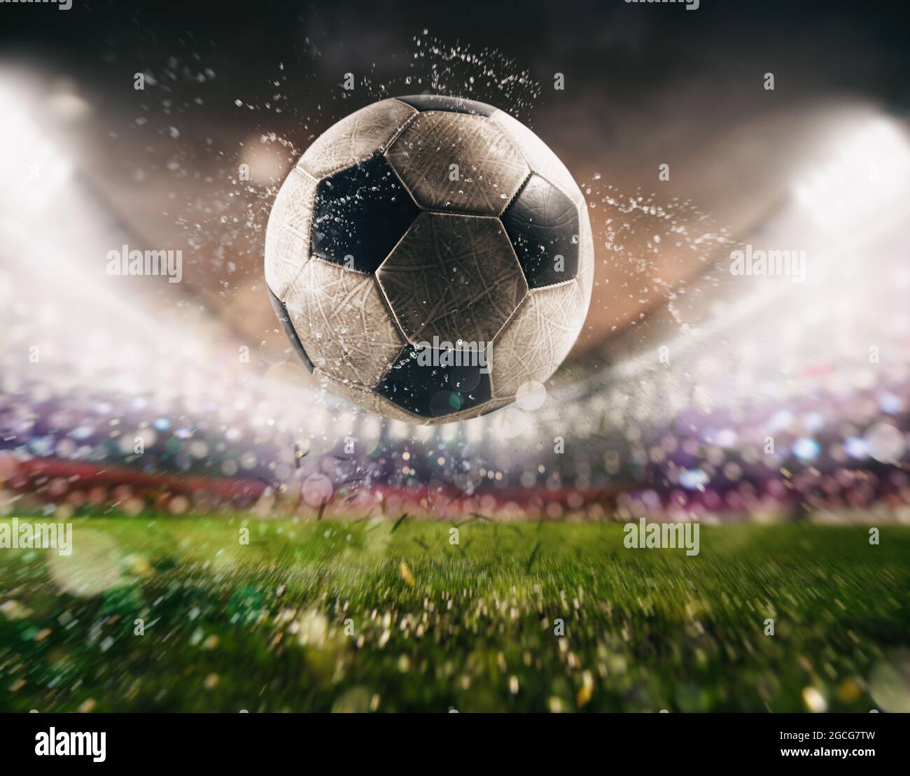 Close up of a soccer ball kicked with power at the stadium Stock Photo - Alamy Close up of a soccer ball kicked with power at the stadium Stock Photo - Alamy