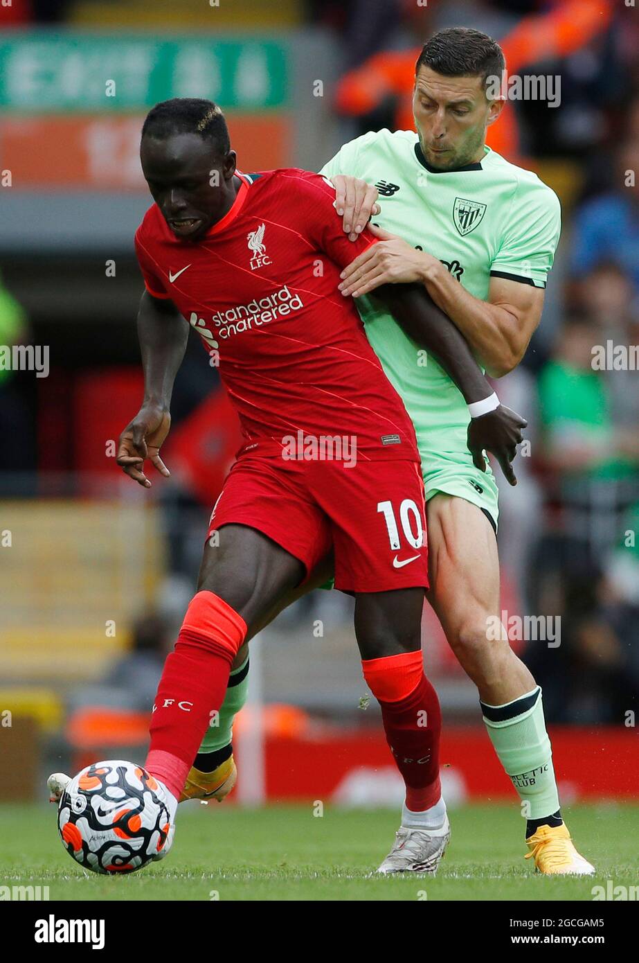 Liverpool, UK. 8th Aug, 2021. Oscar De Marcos of Athletic Bilbao challenges  Sadio Mane of Liverpool during the Pre Season Friendly match at Anfield,  Liverpool. Picture credit should read: Darren Staples/Sportimage Credit: