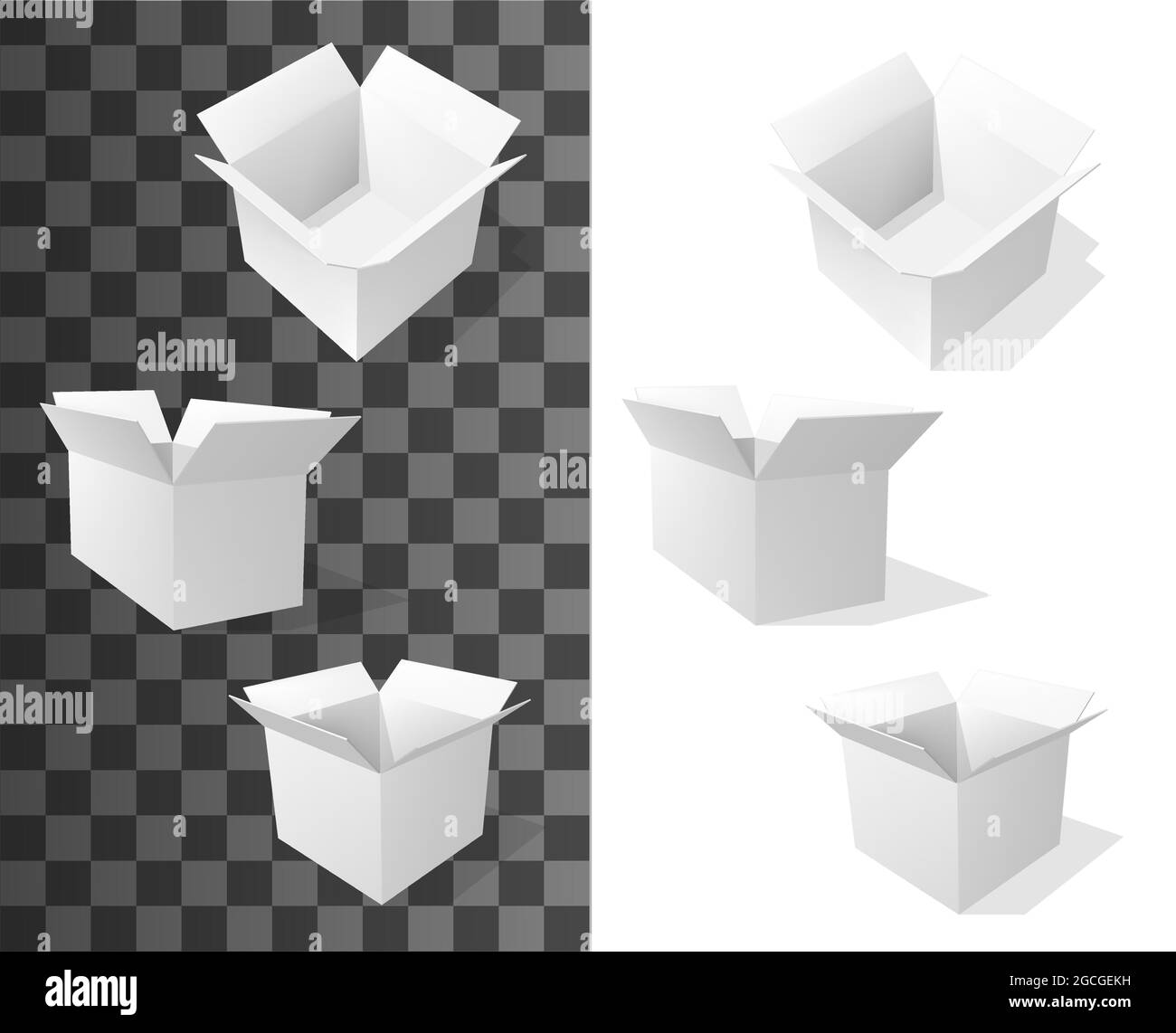 Square cardboard boxes, realistic vector packaging. White packages mockup made of blank paper carton, 3d delivery packs, shipping containers, mail par Stock Vector