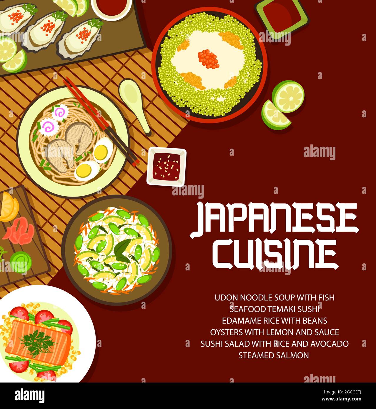 Japanese food cuisine, Asian menu cover, vector Japan oden bowl meals with rice, ramen and udon
