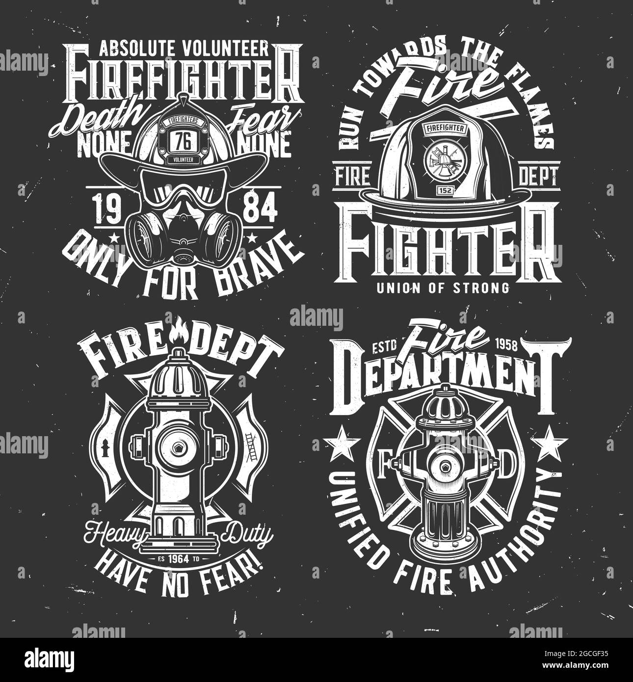 Fireman helmet and gasmask, water hydrant t-shirt retro prints. Fire department, emergency service volunteer apparel custom print with firefighter hel Stock Vector