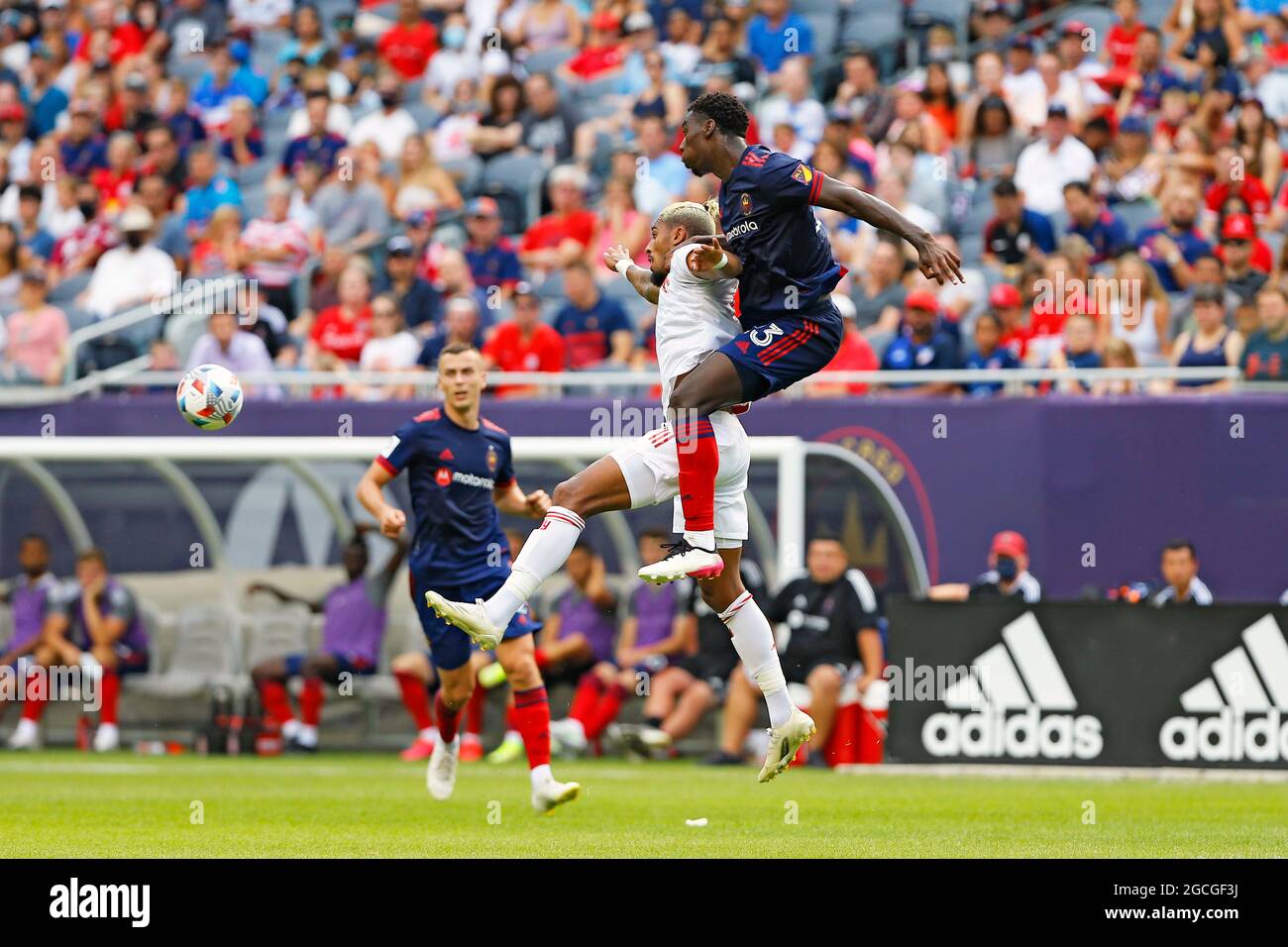 Chicago Usa 08 August 21 Major League Soccer Mls Chicago Fire Fc S Carlos Teran 23 Goes Up For The Ball Against New York Red Bull S Fabio 9 At Soldier Field In Chicago